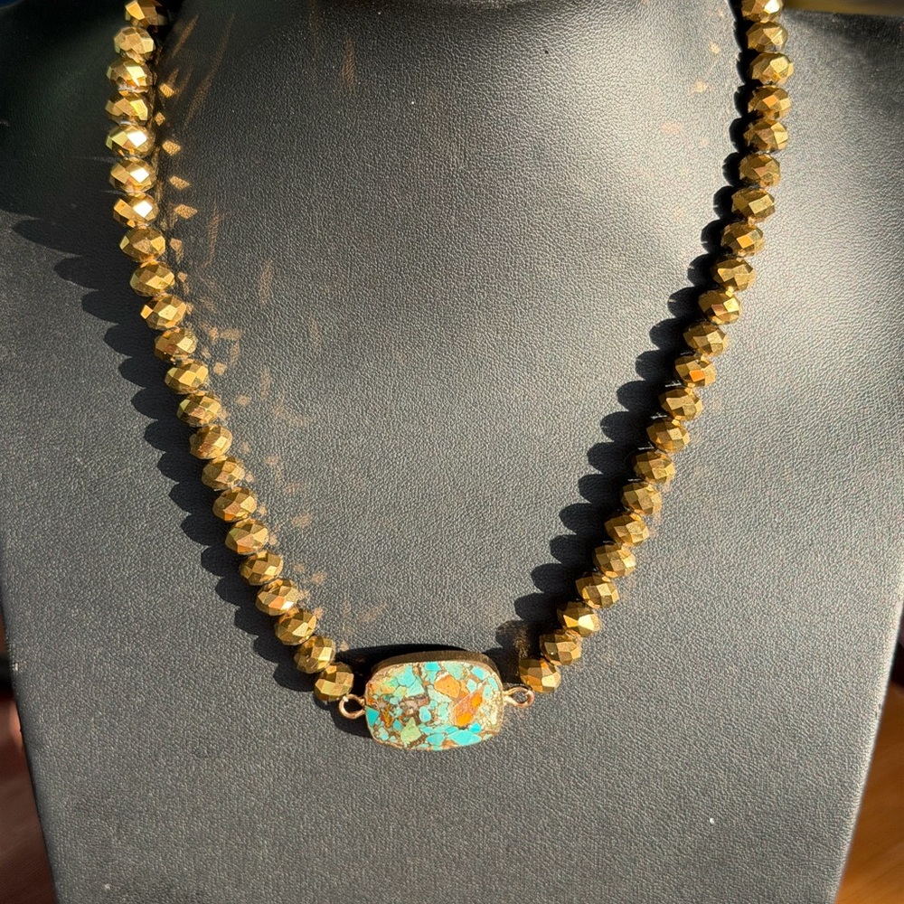 Golden Crystal and Faux Turquoise Beaded Necklace 16” - Picture 2 of 7